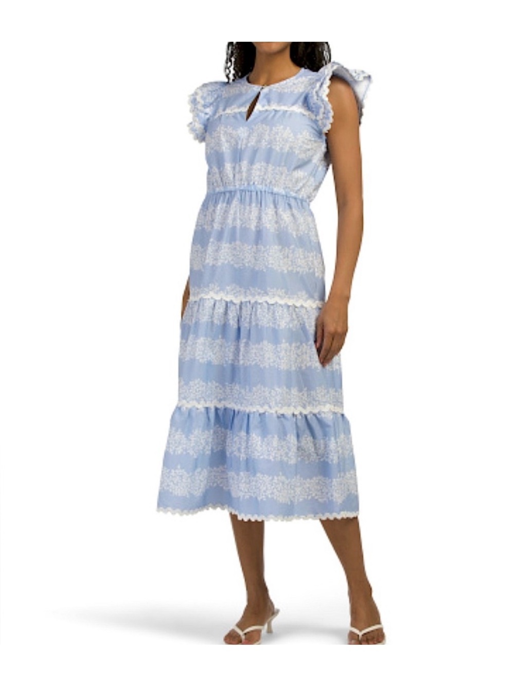 SAIL TO SABLE NWT Party Cottage Guest Hydrangea Flutter SLV Tiered Blue/W Midi L
